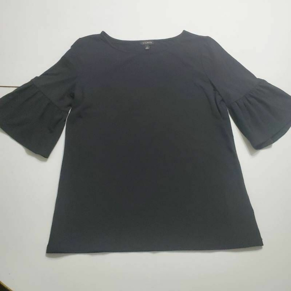 Talbots Womens Blouse Black Bell Sleeve Scoop Neck Stretch Lyocell Blend Top XS